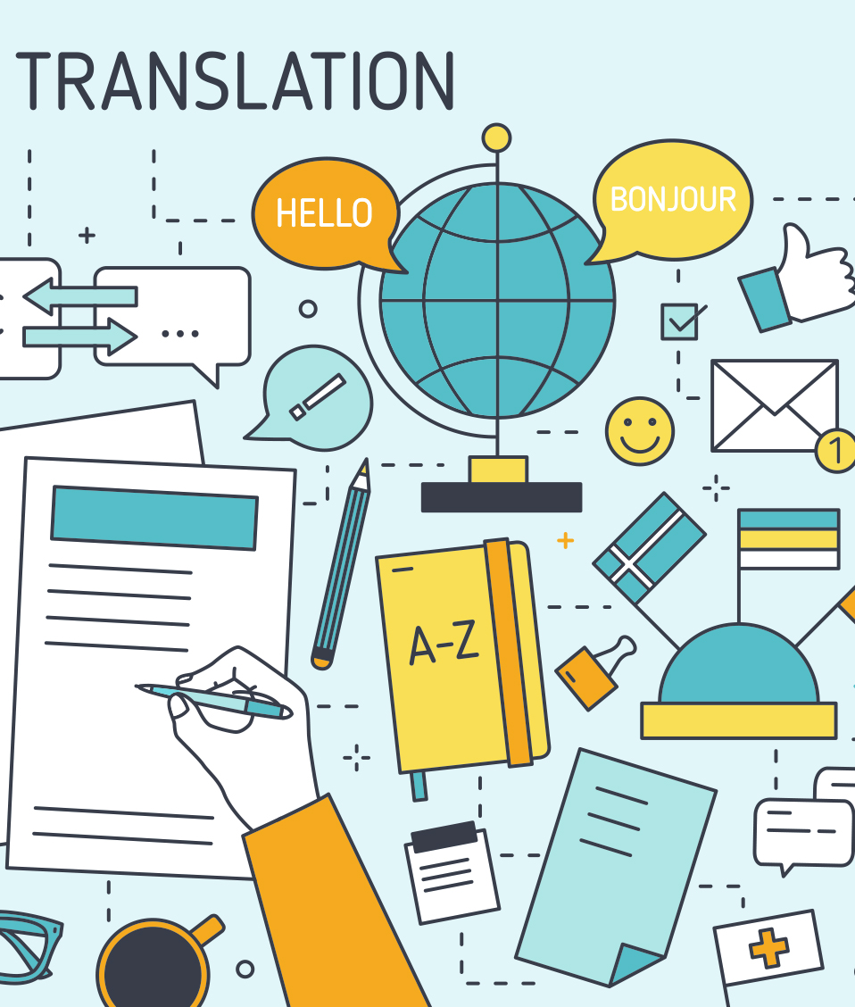 Composición de dibujos con conceptos relacionados con la traducción y la interpretación caracteres en distintos idiomas, la palabra Translations