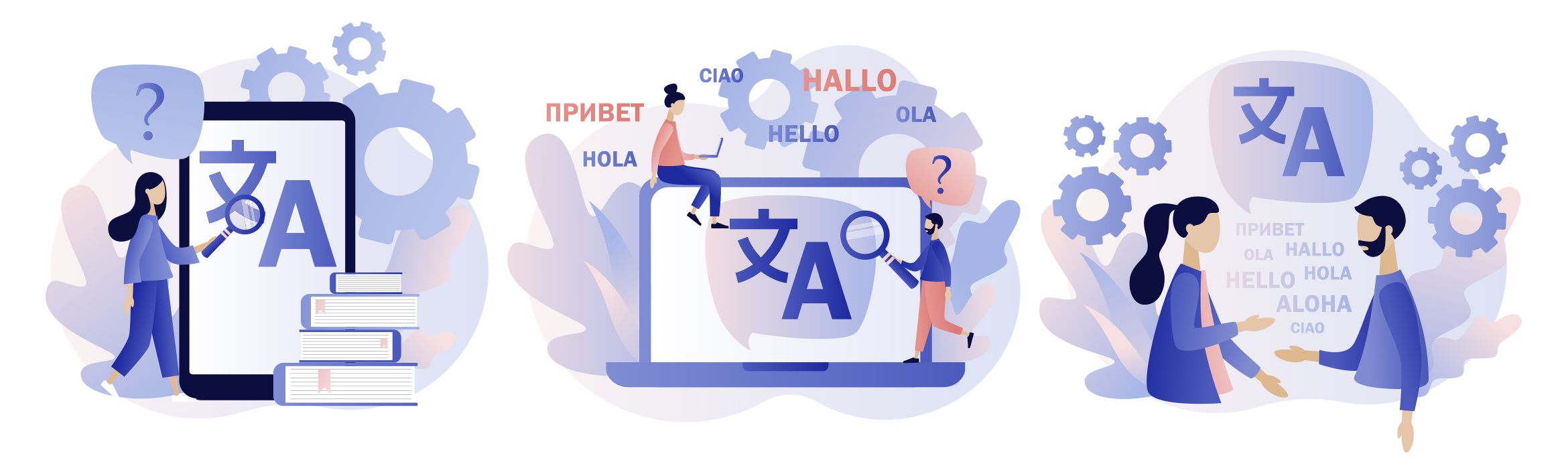Dibujos de dispositivos electrónicos, personas, con caracteres en distintos idiomas