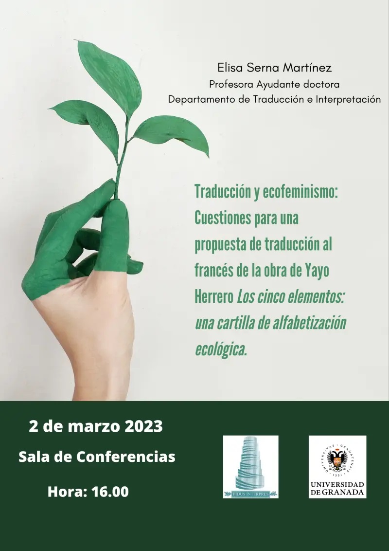 Cartel Elisa sobre taller de ecofemenismo. foto de una mano y un tallo verde