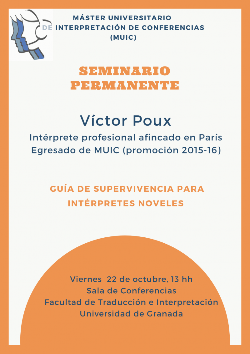 Cartel de actividad cartel con información fondo blanco y naranja y logo de itérpretes