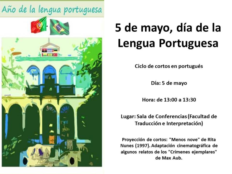 Cartel Día de la lengua portuguesa dibujo de edificio y bandera